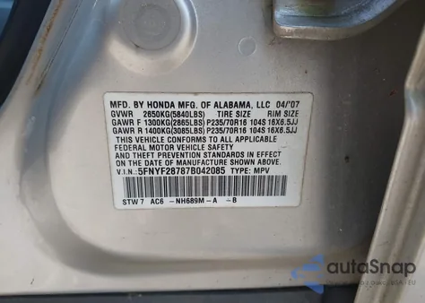 2007 Honda Pilot Ex-L from USA, damaged, VIN 5FNYF28787B042085